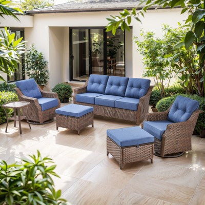 6-częściowy zestaw ogrodowy z 6-calowymi poduszkami, fotelami obrotowymi i podnóżkami, brązowy technorattan