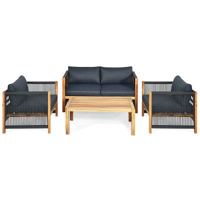 4-częściowy zestaw z drewna akacjowego z poduszkami i podłokietnikami ze sznura