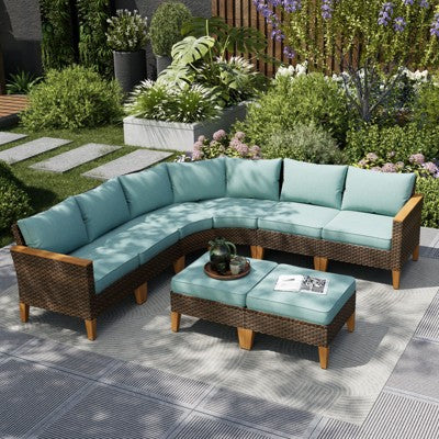 8-częściowa półokrągła sofa ogrodowa z technorattanu z pufami, niebieskie poduchy