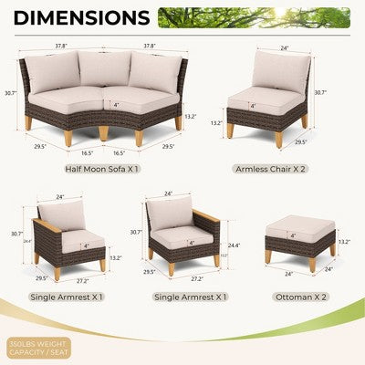 8-częściowa półokrągła sofa ogrodowa z technorattanu z pufami, niebieskie poduchy