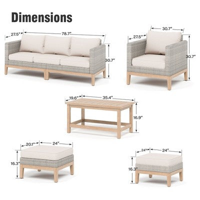 5-częściowy zestaw ogrodowy z technorattanu z fotelami, podnóżkami i drewnianym stołem