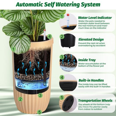 Wysoka donica 31″ z systemem nawadniania i wskaźnikiem poziomu wody – złota