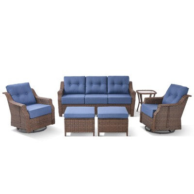 6-częściowy zestaw ogrodowy z 6-calowymi poduszkami, fotelami obrotowymi i podnóżkami, brązowy technorattan