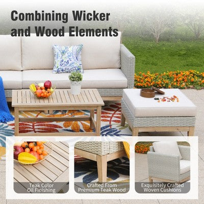 5-częściowy zestaw ogrodowy z technorattanu z fotelami, podnóżkami i drewnianym stołem