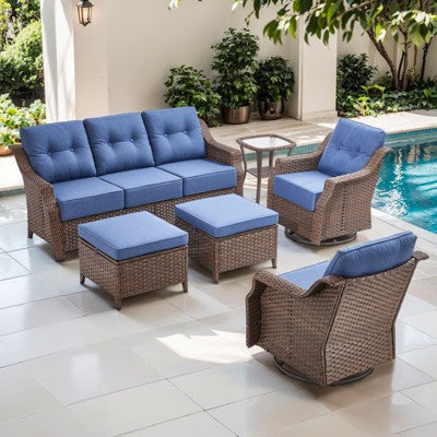 6-częściowy zestaw ogrodowy z 6-calowymi poduszkami, fotelami obrotowymi i podnóżkami, brązowy technorattan